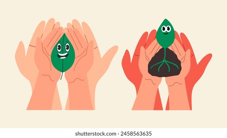 The concept of caring, preserving the environment. Sustainable cartoon set. Hand holding plant. Vector illustration