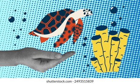 Concept of caring for sea animals. Preservation and protection of the environment. Collage with sea turtle, hand and coral