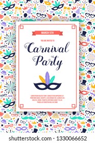 Concept of Carnaval Party invitation with decorative pattern. Vector