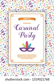 Concept of Carnival Party invitation card with colorful background. Vector