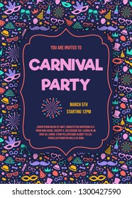 Concept of Carnival Party invitation with colorful background with serpentines. Vector