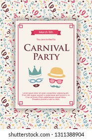 Concept of Carnival Party invitation with colorful background with serpentines. Vector