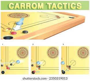 Konzept von Carrom und Münzen, die die rote und die schwarze Münze gleichzeitig vertreiben, mit Carrom-Taktiken in Illustrationen einzeln auf weißem Hintergrund in Vektorgrafik