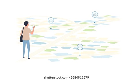 Concept of carsharing services. Man Using Car Sharing or Ride Hailing App on City Map. Vector illustration