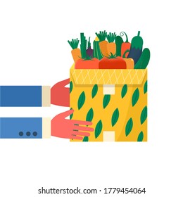 Concept of carton packages with fruits and vegetables for delivery icons. postal parcels, packs, boxes. Courier holding in hand parcel for online delivery service concept. Vector isolated