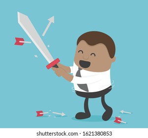 Concept cartoon businessman fencing arrows that attack