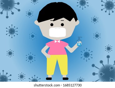 The concept of a cartoon character wearing a mask in hand sanitizer. And there is a campaign to wash hands to prevent and stop spreading covid-19, coronavirus or Wuhan from ourselves to others.