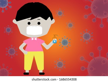 The concept of a cartoon character wearing a mask and hand sanitizer. 