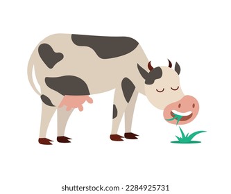 Concept Cartoon cow eating grass This vector cartoon illustration depicts a scene of a cow happily grazing on a farm, surrounded by lush green grass. Vector illustration.