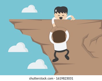 Concept cartoon illustration Business man on top of mountain helping colleague or friend climbing 