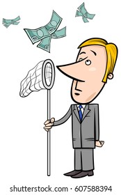 Concept Cartoon Illustration of Businessman Catching Money with Insect Net