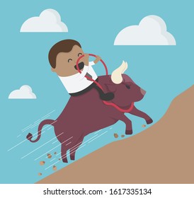 Concept cartoon illustration businessman riding bison head to the mountains