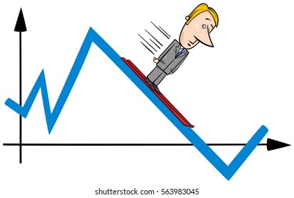 Concept Cartoon Illustration of Businessman Skiing on the Graph or Chart
