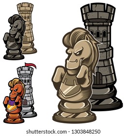 Concept cartoon illustration depicting chess knight and rook.