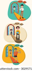 A concept cartoon illustration of how a social media turn a weak, stupid, messy people into a strong, smart, and handsome men behind the keyboard via internet network. Please don't judge (vector)
