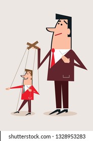 Concept Cartoon Illustration of Puppeteer Businessman Controlling other Man