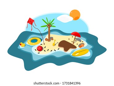 Concept cartoon island in the sea with indigo water and swimming equipment placed on the beach in summer vector.