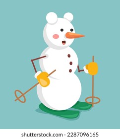 Konzept Cartoon Schneemann. Dies ist eine flache Abbildung in einem Cartoon-Stil mit einem süßen Schneemann auf türkisem Hintergrund. Vektorgrafik.