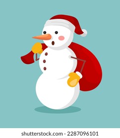 Concept Cartoon snowman. This illustration features a cute snowman in a flat, vector style design holding a present bag. Vector illustration.
