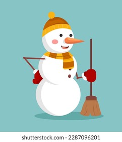 Concept Cartoon snowman. This illustration features a cute snowman in a flat, vector style design holding a broom. Vector illustration.