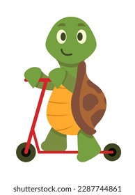 Concept Tortuga de dibujos animados. Esta es una divertida y divertida ilustración de una linda tortuga montando una moto, representada en un estilo de dibujos animados planos. Ilustración vectorial.