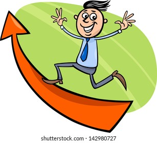 Concept Cartoon Vector Illustration of Happy Man or Businessman Running Up on Big Arrow