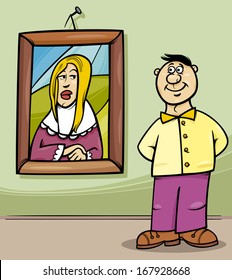 Concept Cartoon Vector Illustration of Man in Art Gallery Looking at Woman Portrait