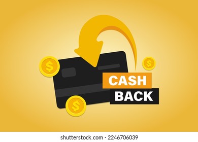 El concepto del programa de fidelización de Cash back. Una tarjeta de crédito o débito con las monedas devueltas a una cuenta bancaria. El diseño del servicio de reembolso. Símbolo de bono de cashback. Ilustración del vector