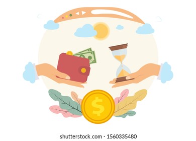 Concept of cash and cashless loans, cash flow. Money on credit, loan, loans online, money on credit. Idea of internet activity in cartoon style. Vector illustration.