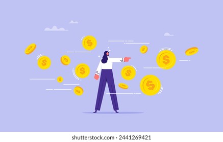 Concept of cash flow and movement of money or finances, business payments, businessman leader control flow of money dollar coins