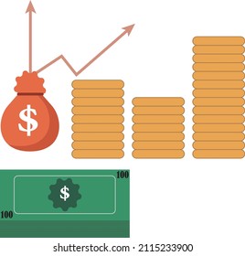 Concept of cash. Money bag, stack coins and banknote, bundles of notes. Vector flat illustration.
