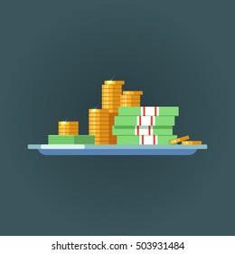 Concept cash on a flat design. Vector illustration stacks of cash with pile of gold coins and bills isolated. Success and finance