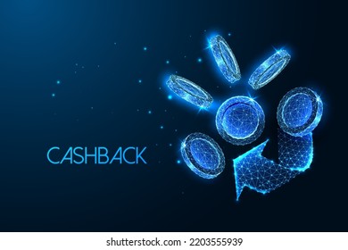 Concept of cashback, financial services with coins and arrow symbols in futuristic glowing style 