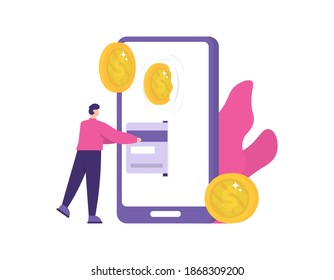 the concept of cashback, loyalty program, return of funds. illustration of a customer or male buyer entering an ATM card or making a payment to a smartphone and getting a coin change. flat style