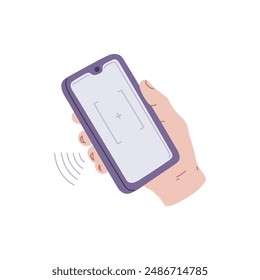 The concept of cashless payment. Vector illustration of a smartphone with an application for reading a QR code for subsequent online transactions, digital banking.