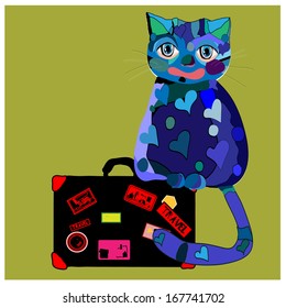 Concept cat in cartoon style. Vector illustration. Travel concept: the cat and a suitcase to travel.
