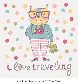 Concept cat hipster in cartoon funny style. Vector childish card with funny cat. Travel concept in bright colors: cat with glasses, map and camera