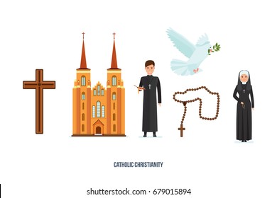 Concept of catholic christianity. Catholic cross, cathedral, priest and nun, rosary, pigeon with branch, symbols of deity. Faith in God, Christianity, Orthodoxy. Vector illustration in cartoon style.