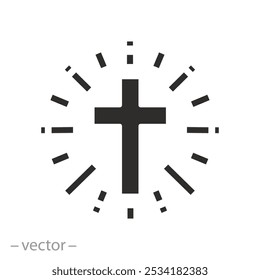 Concepto Iglesia católica, Icono de la cruz cristiana del brillo, rayo de luz sagrado, religión, Ilustración vectorial plana