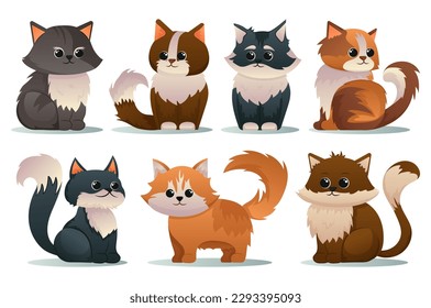 Concept Cats. Eine Reihe flacher Cartoons mit süßen Katzen auf weißem Hintergrund. Vektorgrafik.