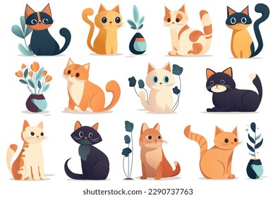 Gatos de Concepto. Este diseño de dibujos animados planos muestra un conjunto de gatos adorables con diversas expresiones faciales y posa sobre un fondo blanco y claro. Ilustración vectorial.