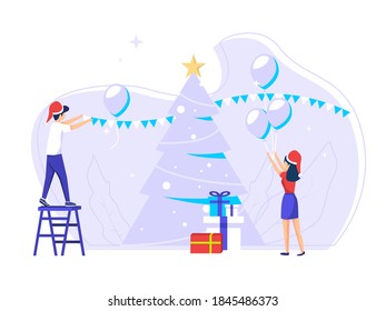 Concept of celebrating Christmas day during work holidays. people preparing for a Christmas party. vector illustrations for greeting cards, social media, web.