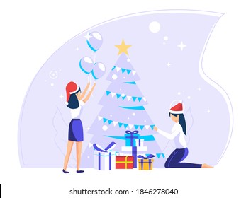 Concept of celebrating Christmas day during work holidays. people prepare for the Christmas party. Cute vector illustrations for greeting cards, social media, web.