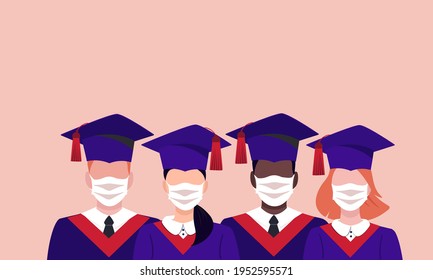 El concepto de celebrar la ceremonia de graduación en el contexto de una pandemia. Cartel, afiche con un grupo de estudiantes de diferentes géneros, carreras con máscaras y uniformes médicos. Gráficos vectoriales.