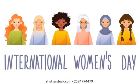 Concept of Celebrating International Women's Day. Women of Different Ethnicity. Concept of Femininity, Independence, Freedom, Gender Equality and Women's Empowerment. Banner on White Background