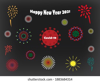 Concept of celebrating the New Year 2021 and vigilance of COVID-19,vector illustration.Structure of COVID-19 and fireworks at night in new year 2021.