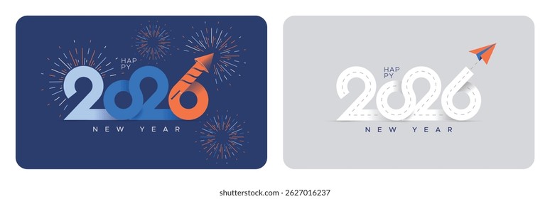 The concept of celebrating the New Year 2026 with fireworks. The concept of heading towards the New Year 2026 with roads and paper planes. Elegant design with typographic style and concept