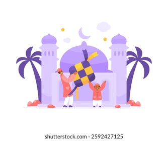 concept of celebrating ramadan, eid al-fitr, eid al-adha. illustration of a father holding ketupat and his happy son, mosque building. celebration and tradition. muslim family. flat style design