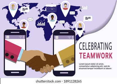 The concept of celebrating teamwork around the world, online negotiations, online deals, contract signing. Vector