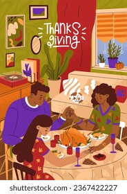 The concept of celebrating Thanksgiving with family. Scene with people sitting at a table holding hands. Homely hearth, cozy interior. Vector illustration in flat style.
